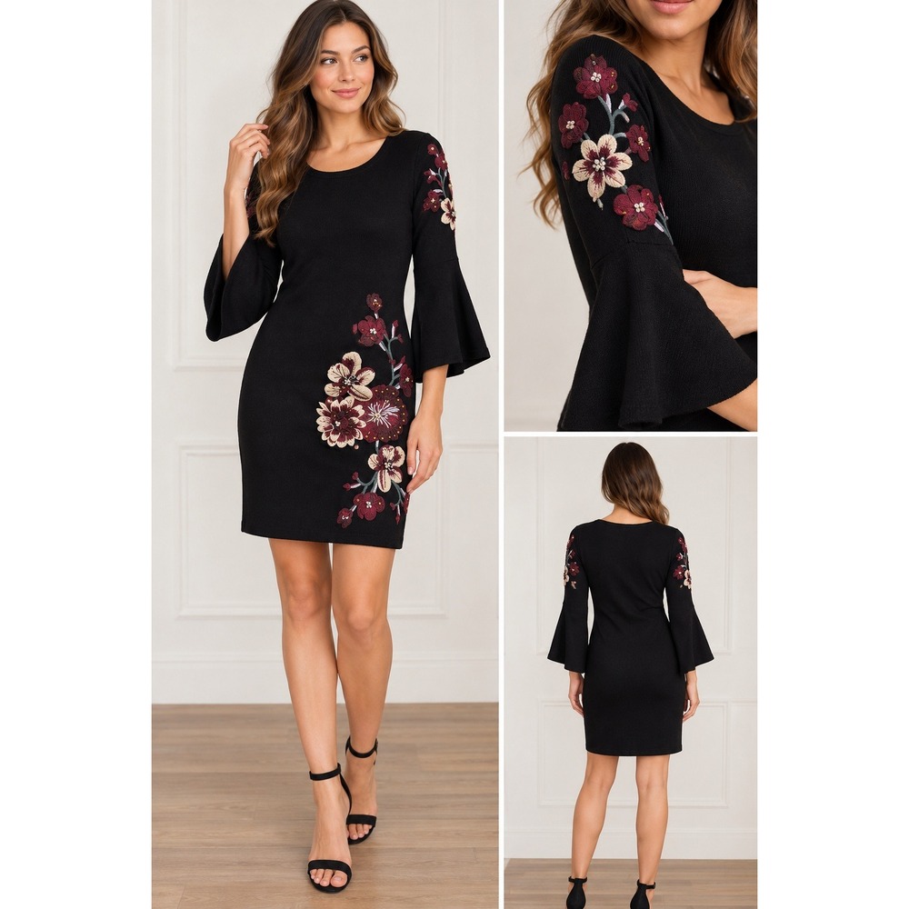INC The Gem Sweater Dress M Black Floral Embroidered Beaded Bell Sleeve NWT